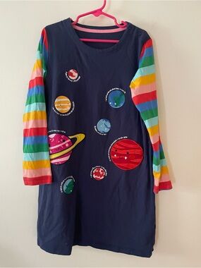 Navy Space Planet Dress with Rainbow Stripe Sleeves for Kids